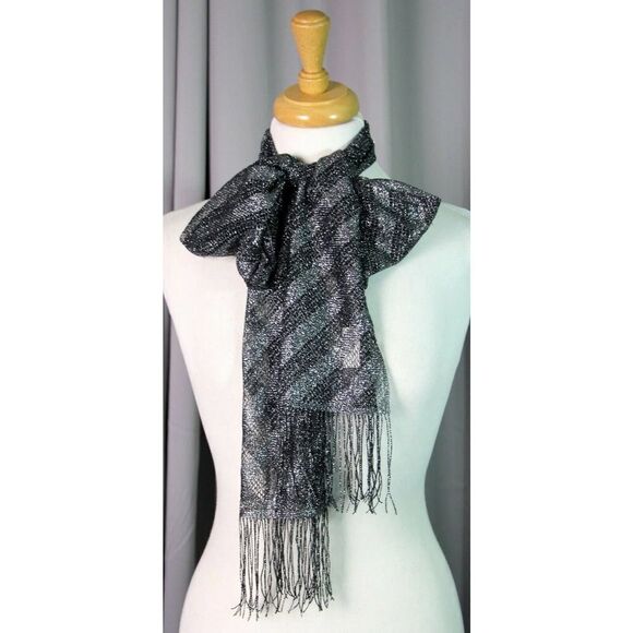 VINTAGE JAPAN BLACK SILVER NYLON LONG FRINGE OBLONG WRAP SCARF (F67 - Picture 1 of 6